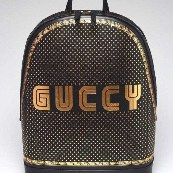 Gucci Black/Gold Leather "GUCCY" Sega Backpack Bag - Picture 1 of 12